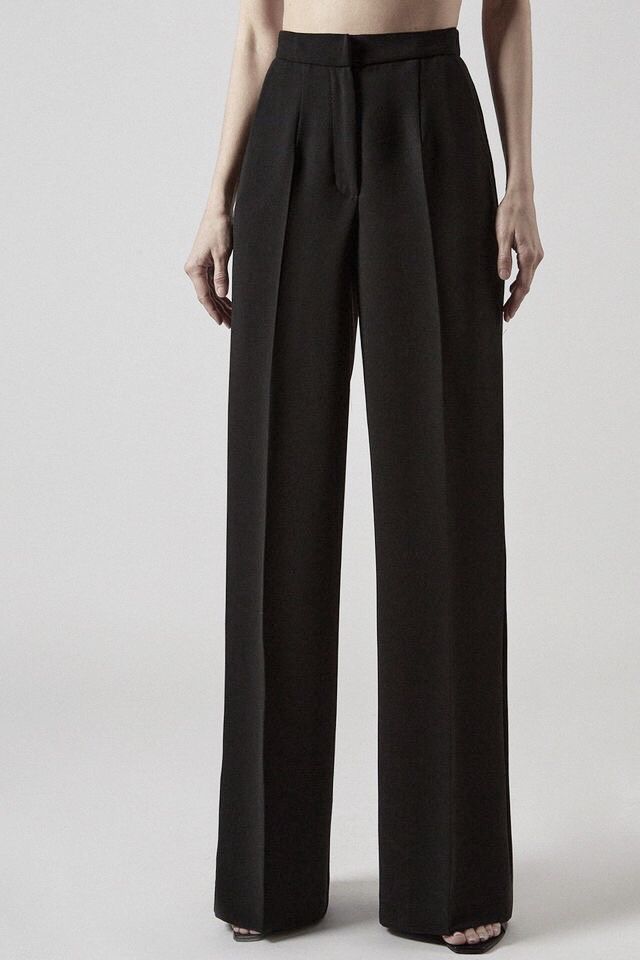 Women's black straight-leg formal pants with a high-waisted fit for office wear.