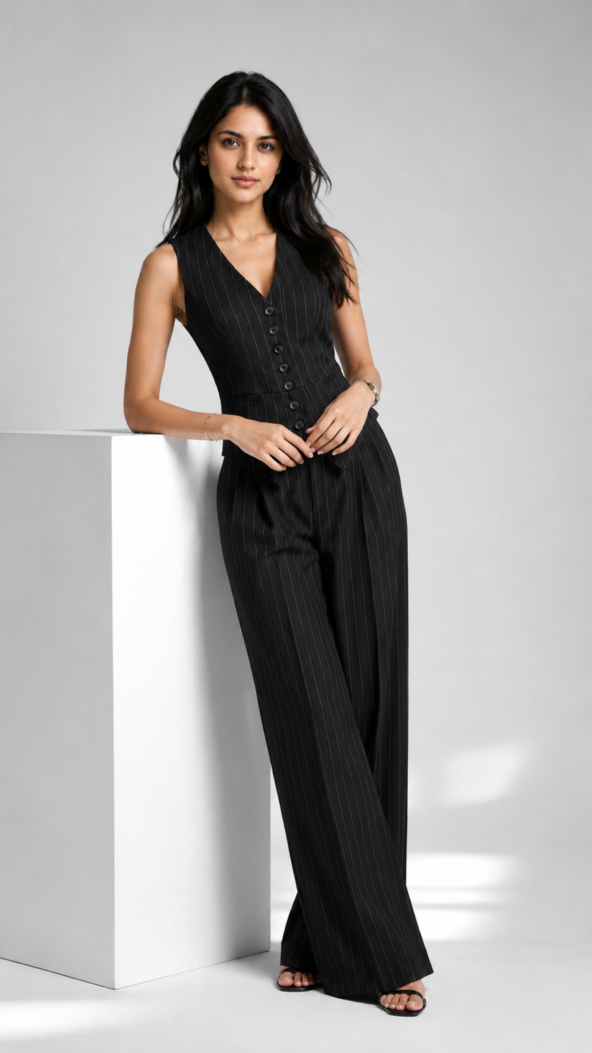 Black Pinstripe Waistcoat Co-Ord Set Beyond Formals