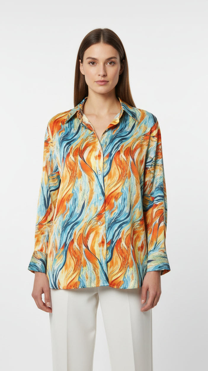 Printed silk satin shirt with long sleeves and a classic fit for evening styling.