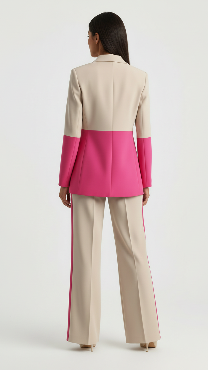 Person wearing a two-tone suit with pink and beige colors on a white background