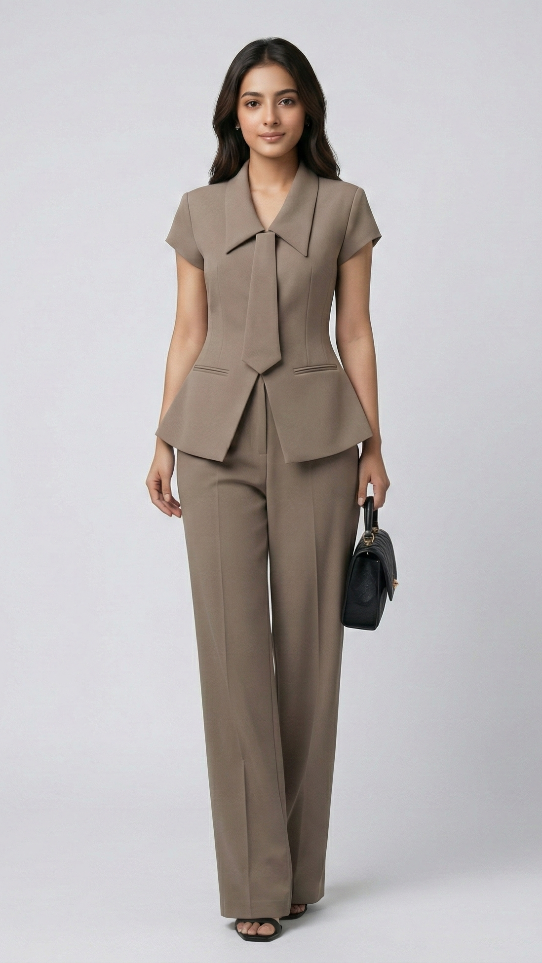 Woman wearing a beige suit on a white background
