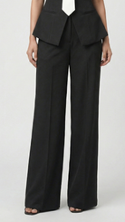 Black suit with a peplum top and wide-leg pants on a white background