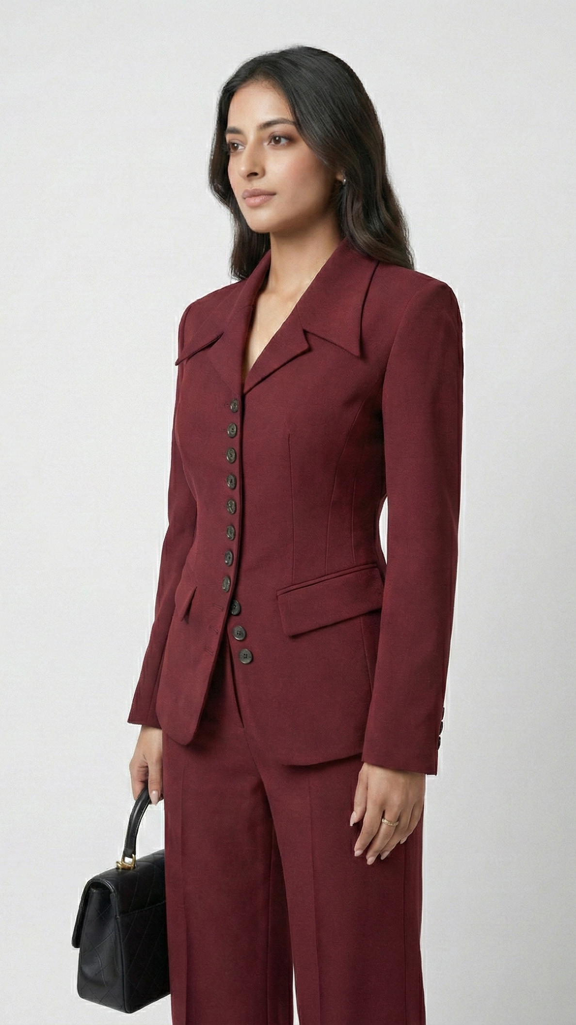Woman wearing a burgundy suit with a black handbag on a white background