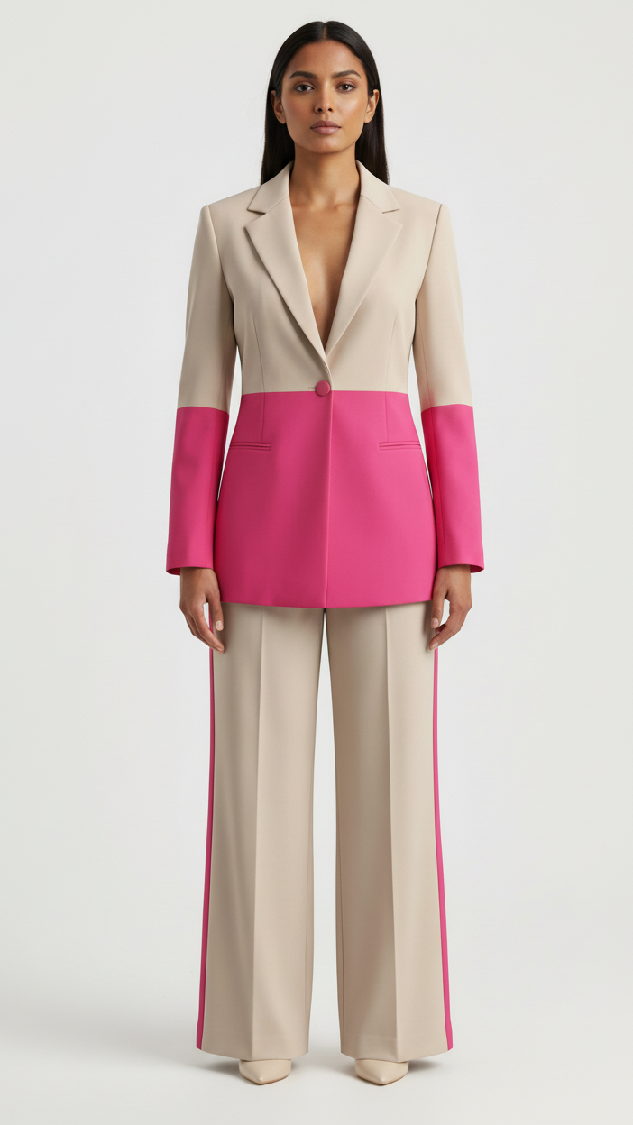 Woman wearing a two-tone suit with beige and pink colors on a white background