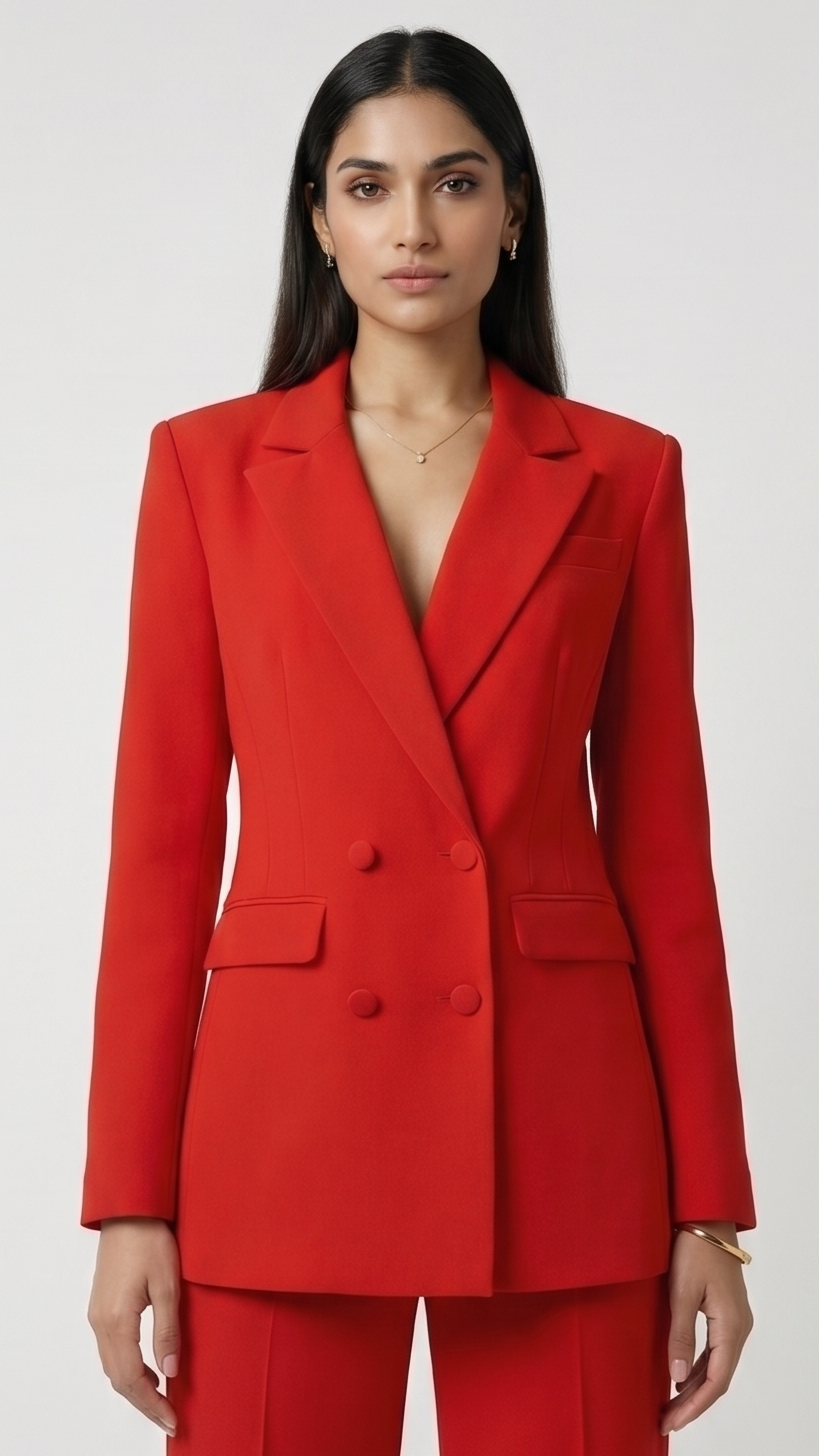 Woman wearing a red suit against a white background