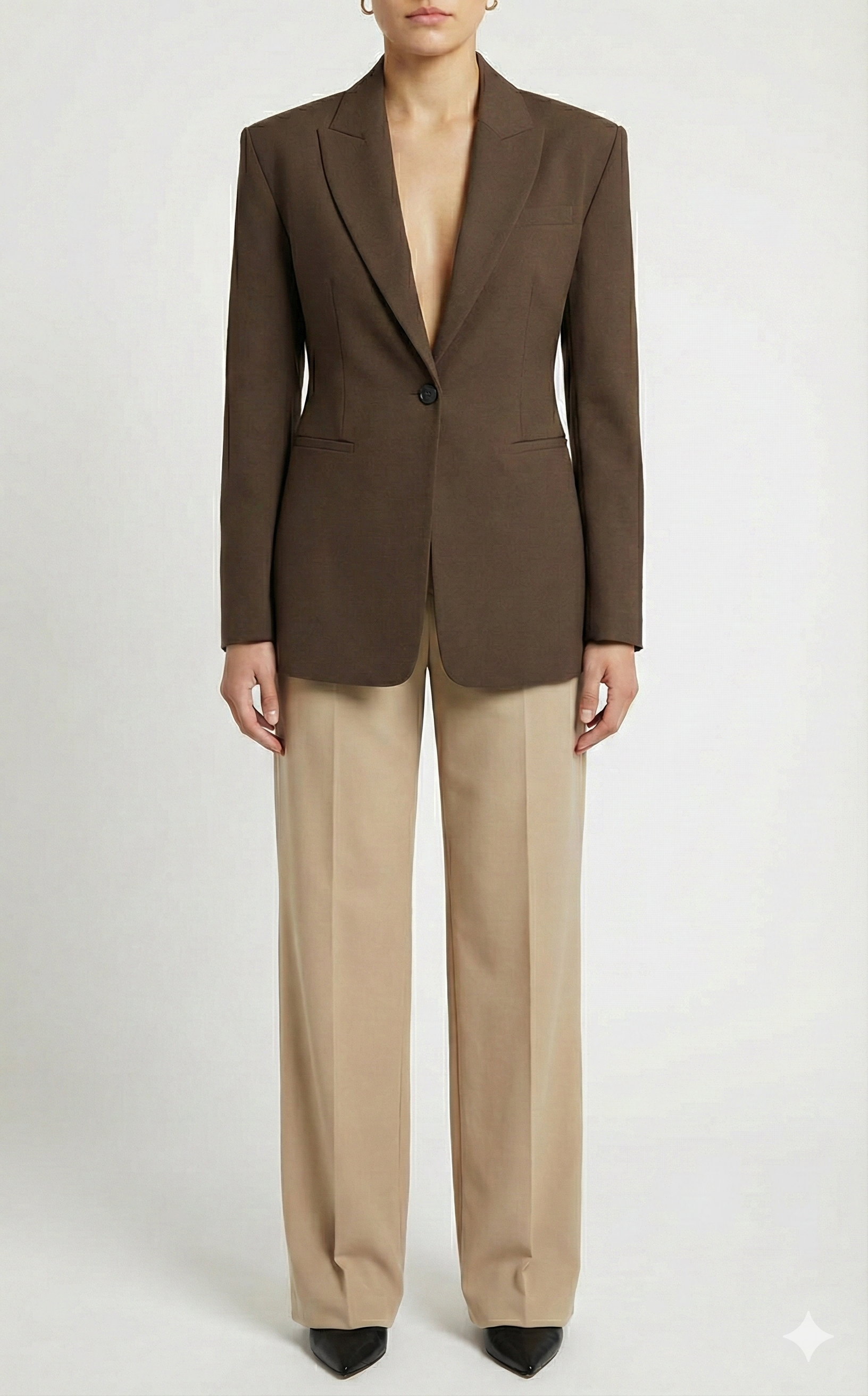 Brown blazer and beige pants on a white background