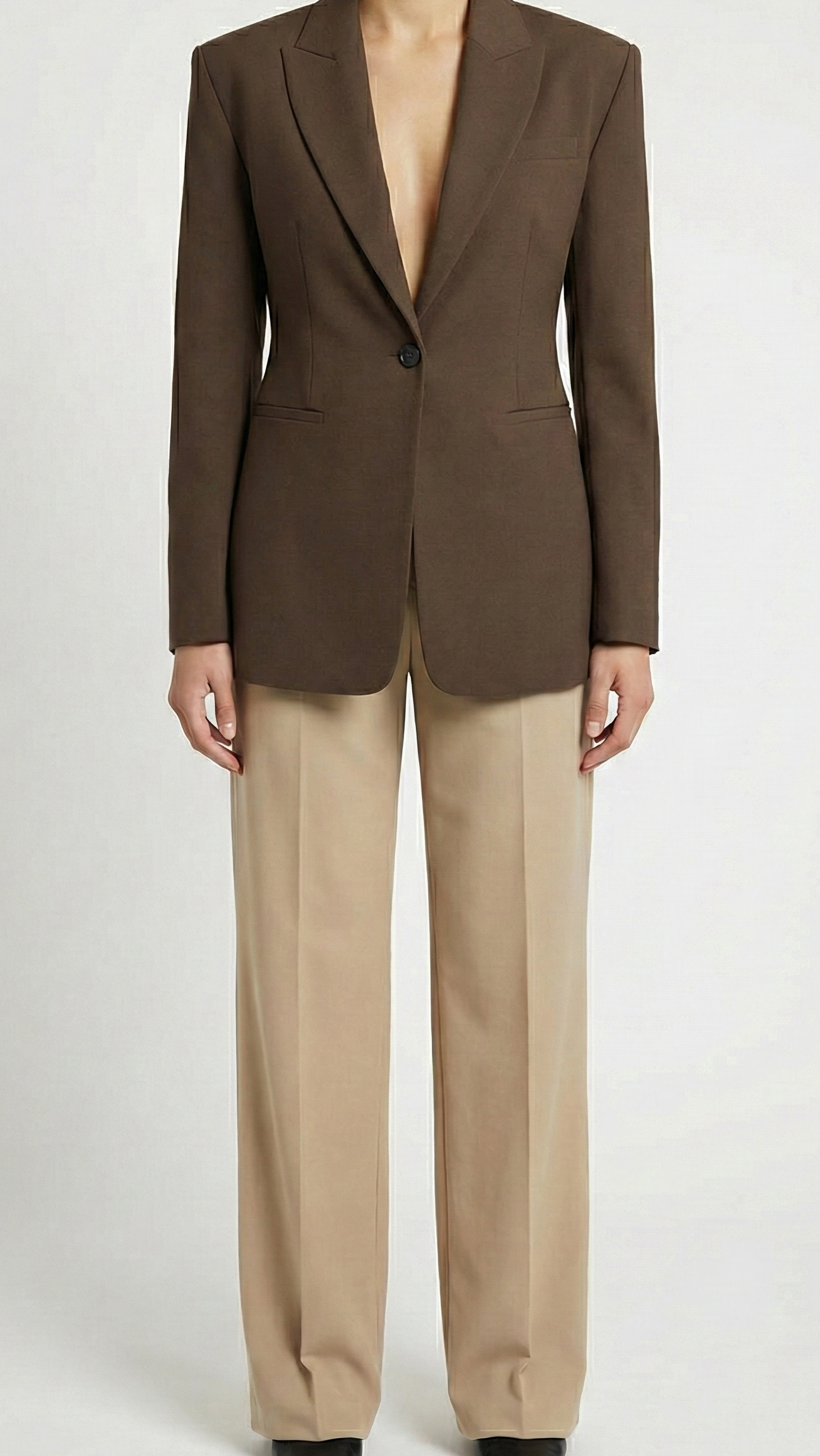 Brown blazer and beige pants on a white background
