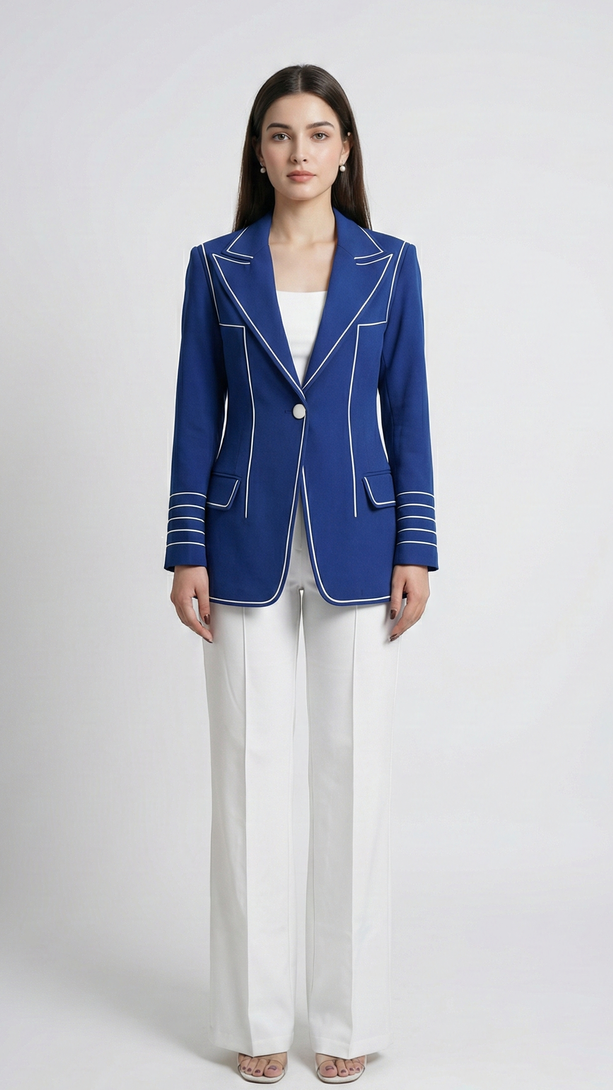 Woman wearing a blue blazer and white pants on a white background