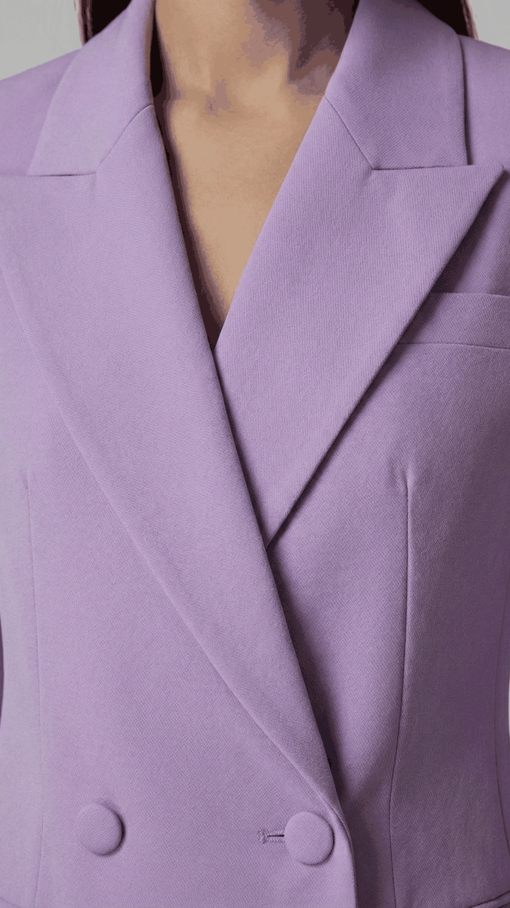 Lavender double-breasted blazer, close-up of peak lapel, chest pocket and covered buttons | Beyond Formals