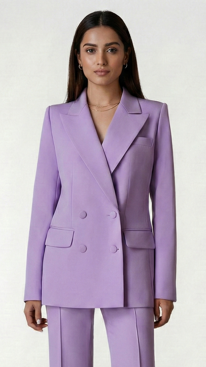 Woman wearing a lavender suit on a white background