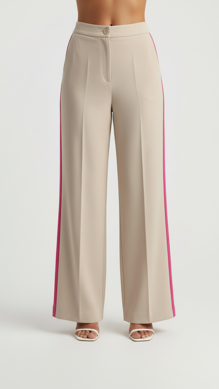 Beige wide-leg pants with a red stripe on a white background