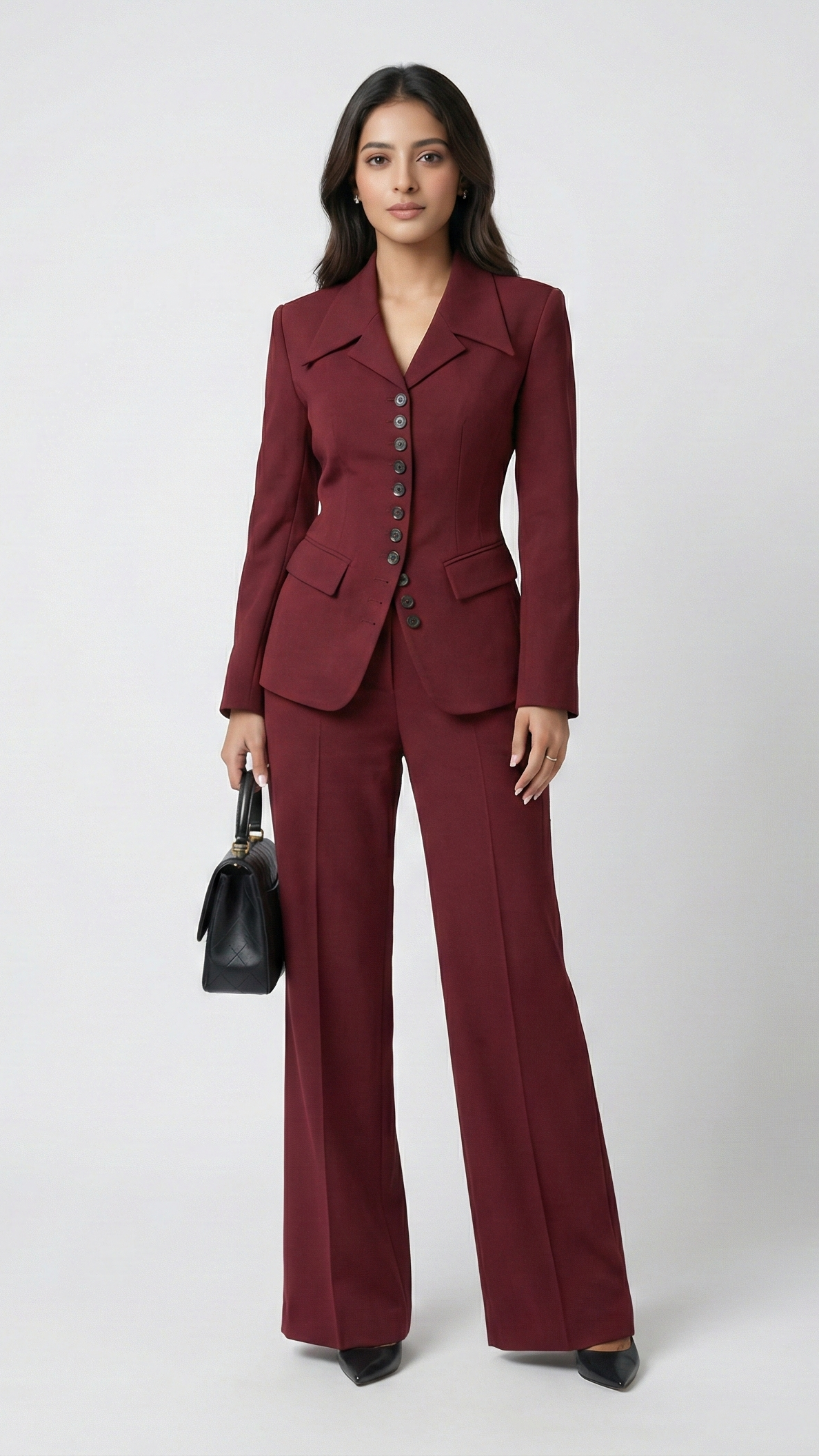 Woman wearing a burgundy suit holding a black handbag on a white background