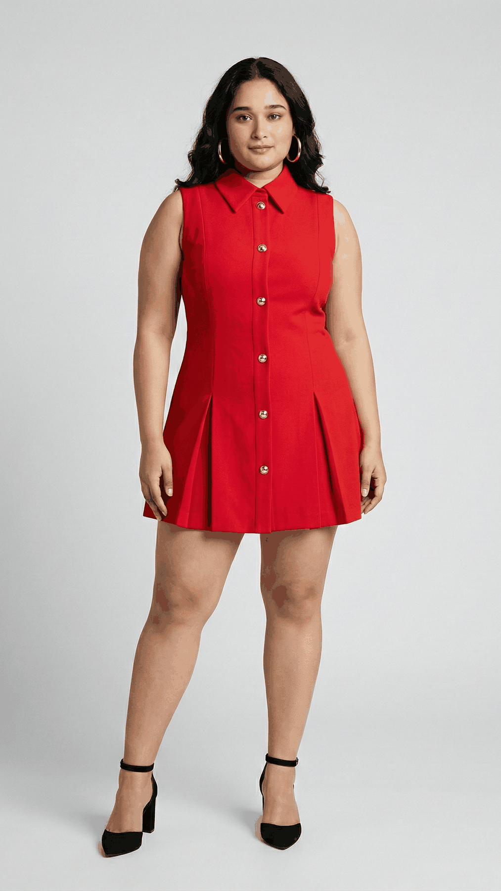 Red sleeveless button-front formal dress with pleated hem, full-length front view on a curvier model | Beyond Formals
