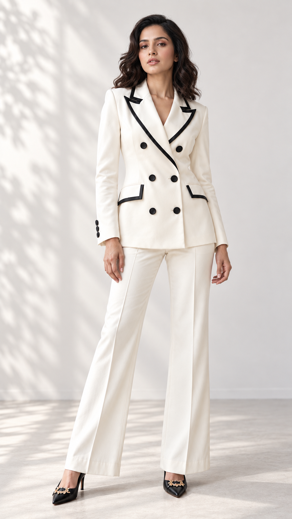 Ivory double-breasted blazer suit with black contrast trim and flared trousers, full length | Beyond Formals