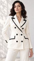 Ivory blazer with black-trimmed peak lapels, pocket flaps and black buttons, close-up | Beyond Formals