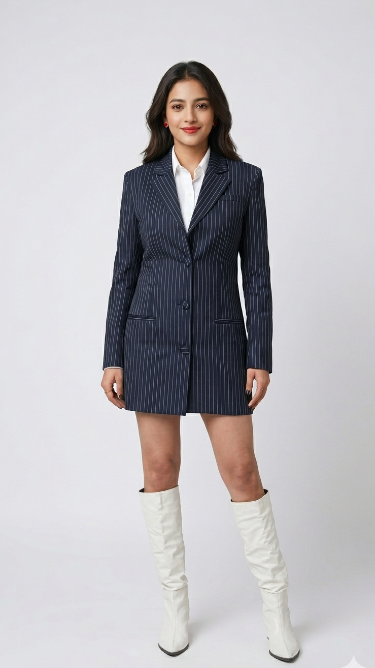 Woman wearing a pinstripe blazer and white boots on a white background