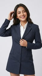 Woman wearing a navy pinstripe blazer over a white shirt on a light gray background
