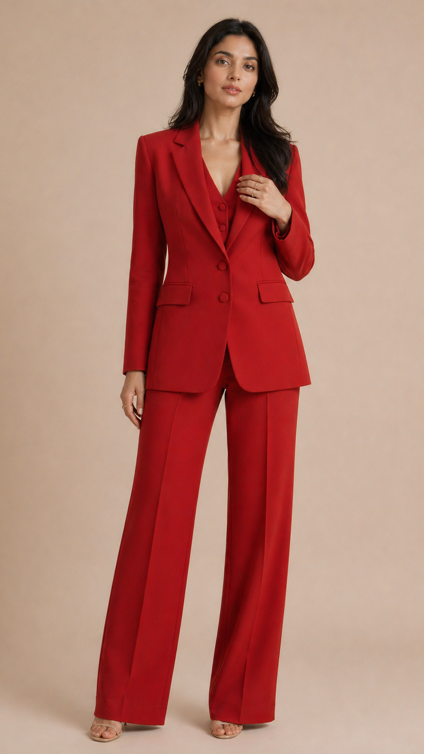 Woman wearing a red suit against a beige background