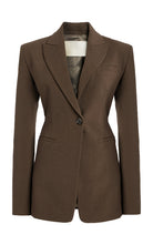 Women's brown fitted blazer with a notched lapel and single closure.