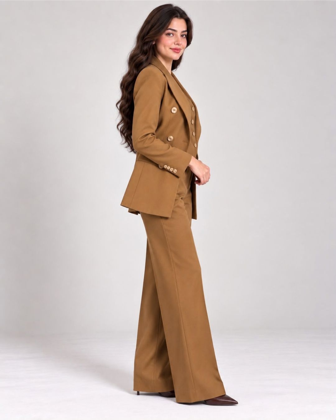 Mustard Double-Breasted 3-Piece Pant Suit Set, back view