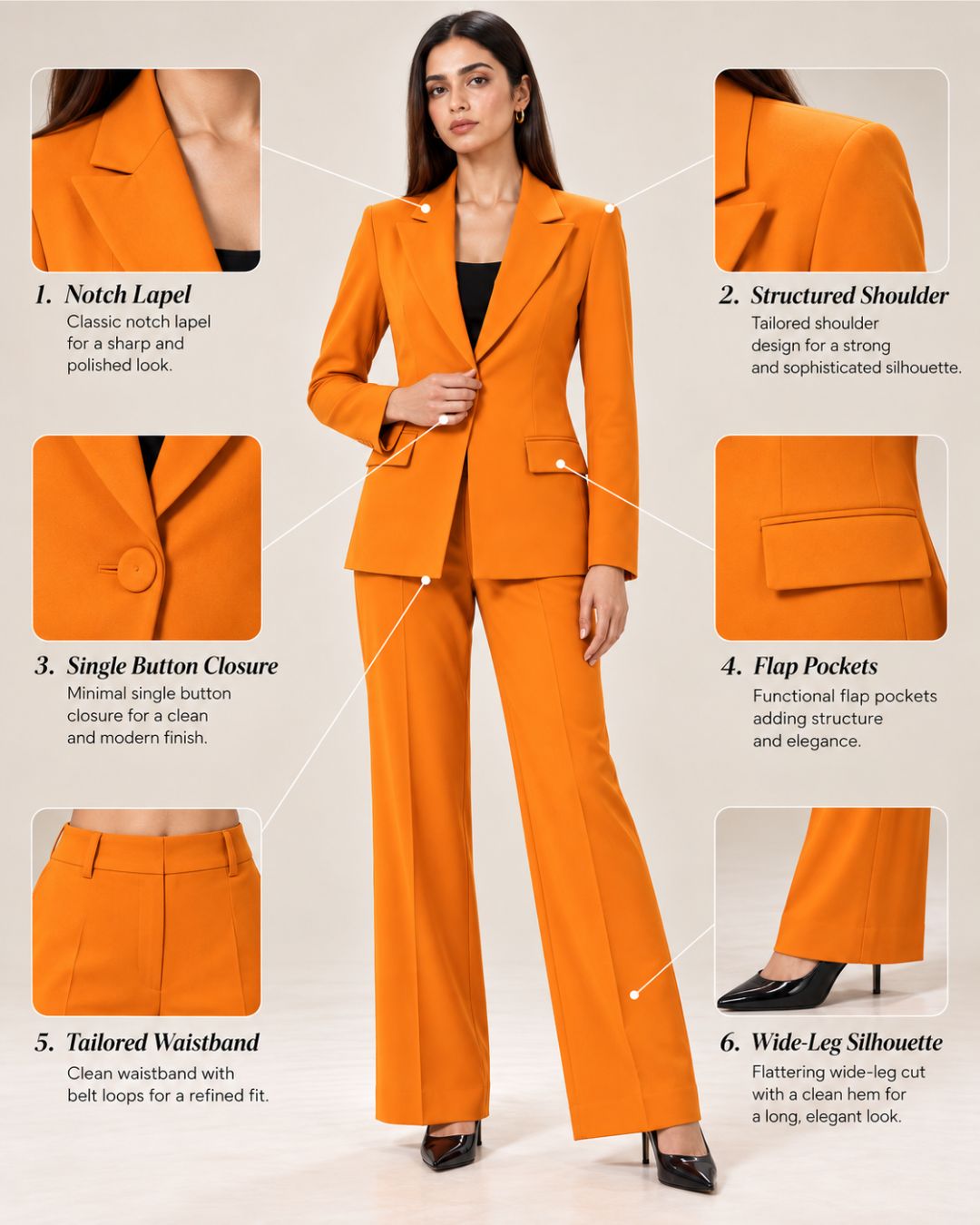 Mustard-orange single-breasted pant suit set – detail guide showing notch lapel, shoulder, button, pockets and wide-leg trousers | Beyond Formals