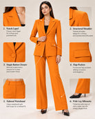 Mustard-orange single-breasted pant suit set – detail guide showing notch lapel, shoulder, button, pockets and wide-leg trousers | Beyond Formals