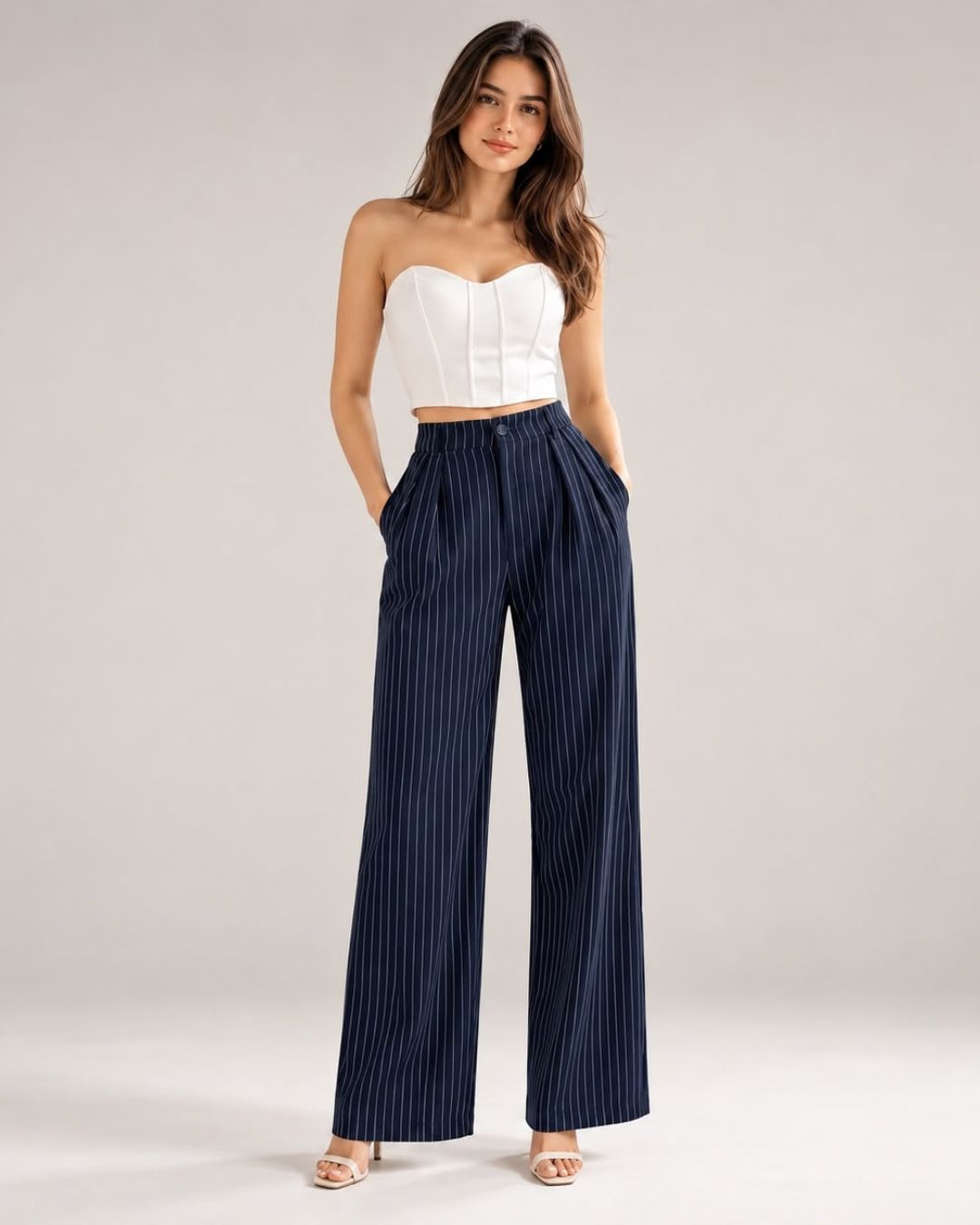 Navy pinstripe high-waist wide-leg trousers with white corset top, full-length front view | Beyond Formals