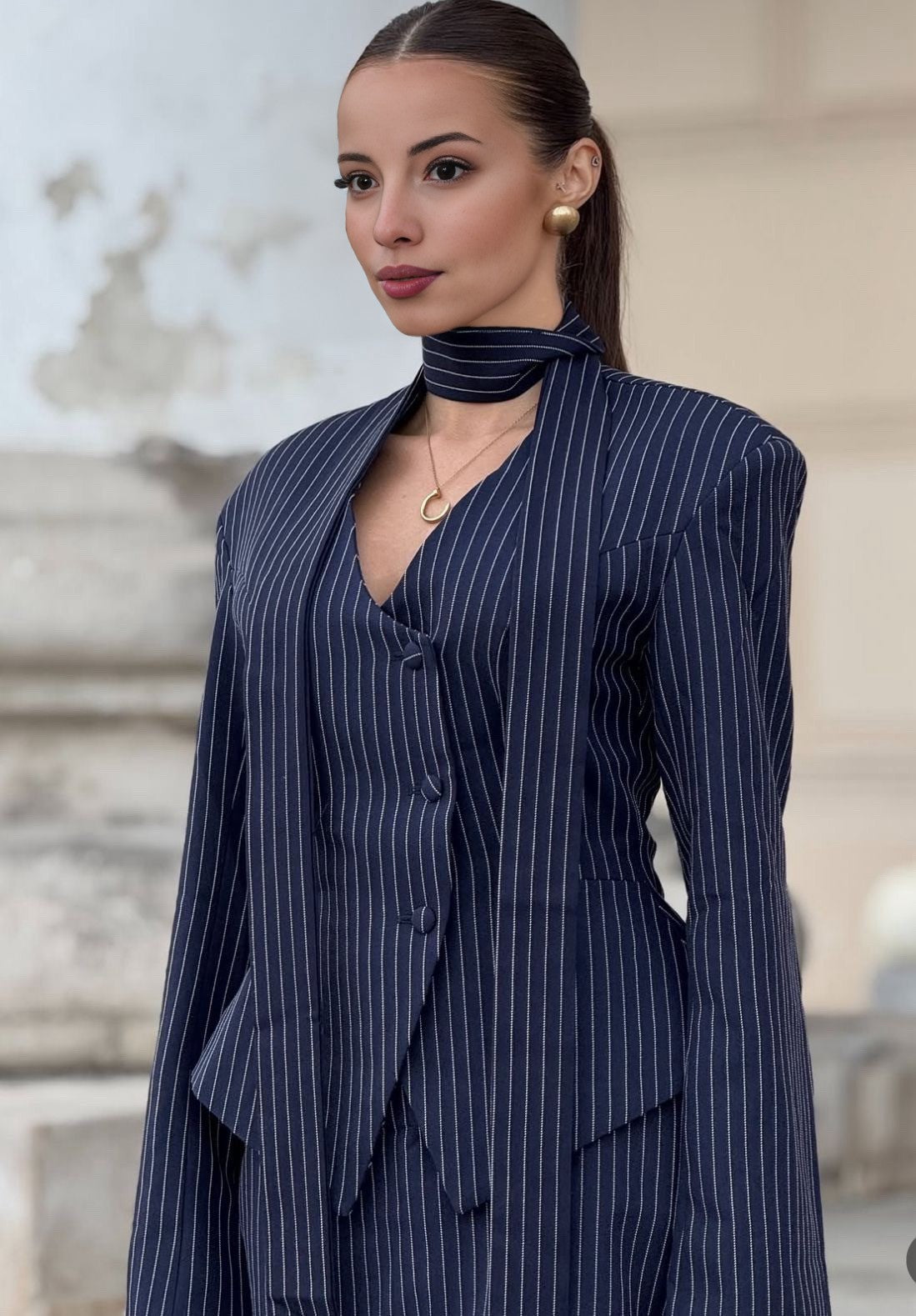 Navy Blue Vertical Stripe Suit Set