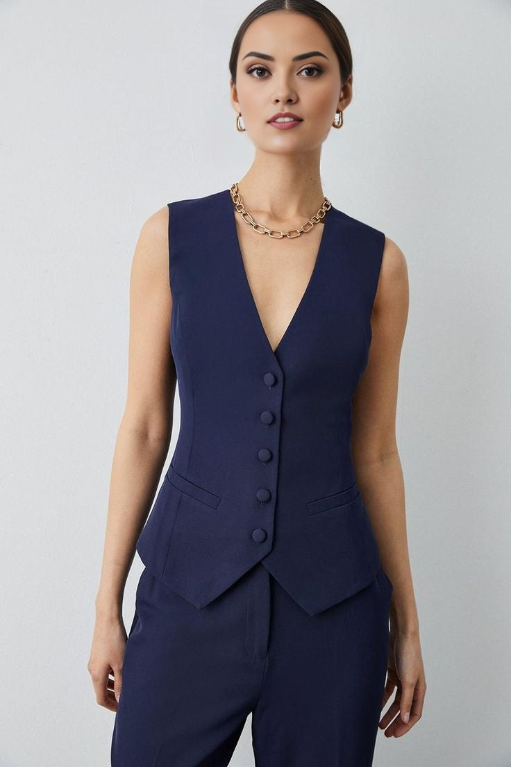 Women's navy blue cotton waistcoat with front pockets, perfect for summer formals.