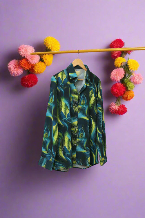 Printed silk satin shirt with long sleeves and a classic fit for evening styling.