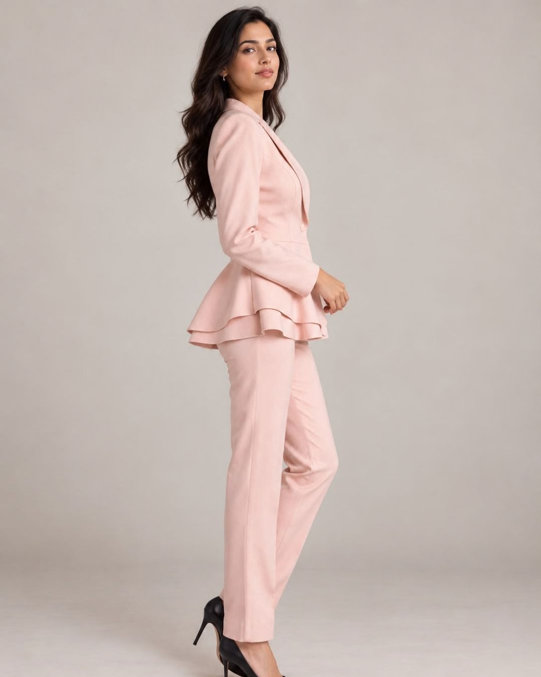 Light pink peplum single-button pant suit set – side view | Beyond Formals
