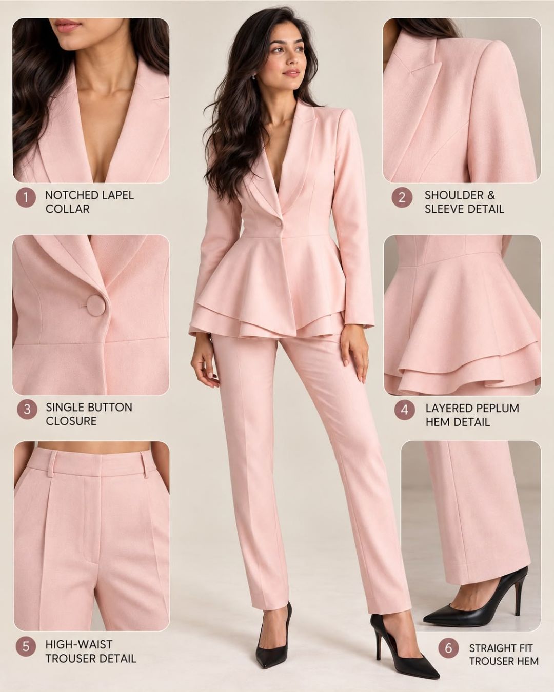 Light pink peplum pant suit set – detail guide showing lapel, button, layered peplum hem and straight-fit trousers | Beyond Formals