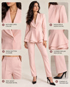 Light pink peplum pant suit set – detail guide showing lapel, button, layered peplum hem and straight-fit trousers | Beyond Formals
