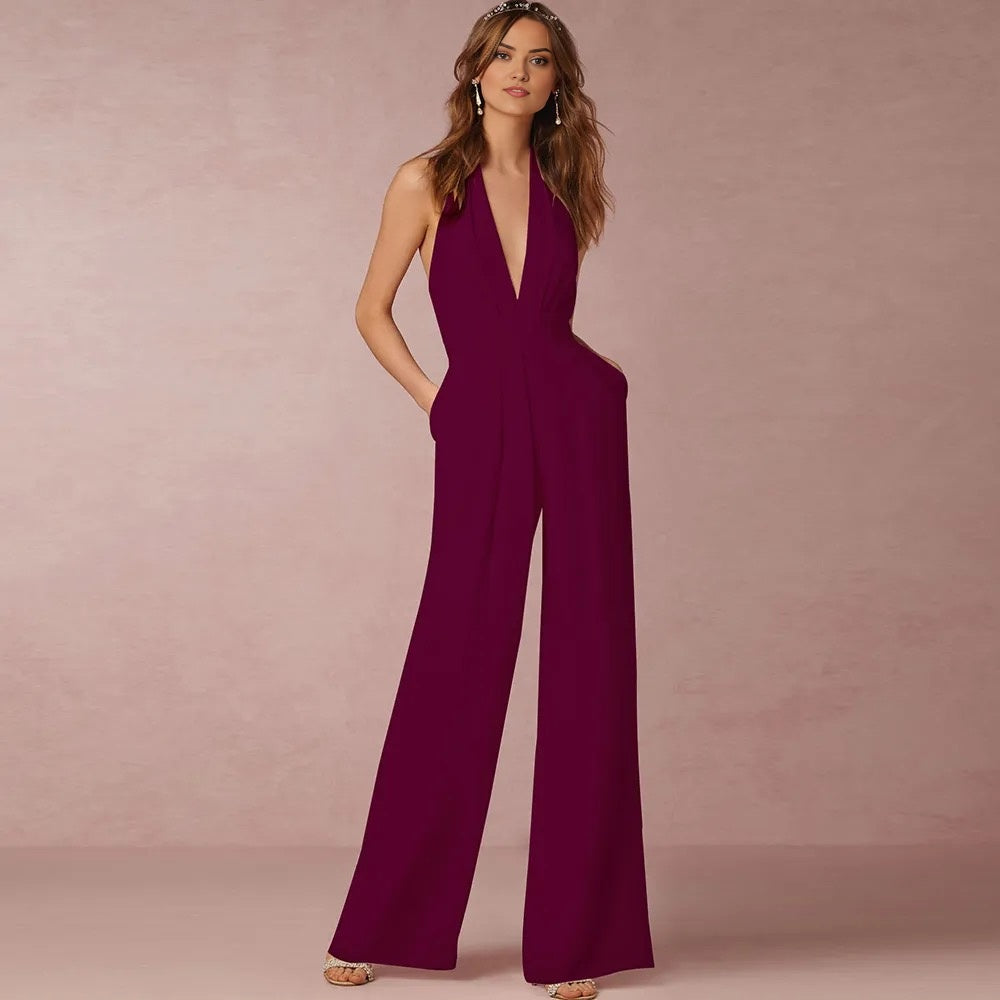 Purple Wide Leg & Backless Halter Jumpsuit