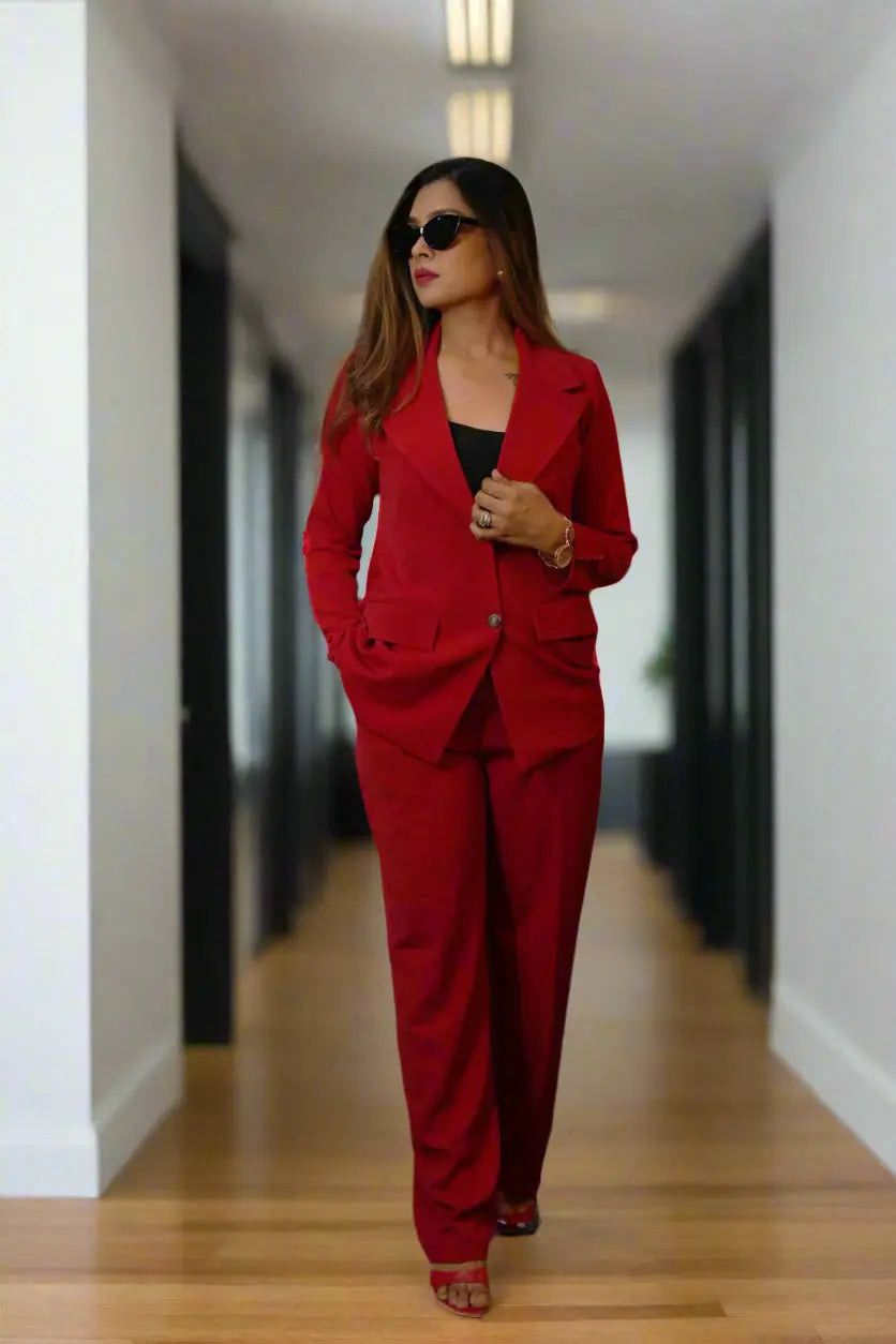 Bold red blazer suit set for corporate events.