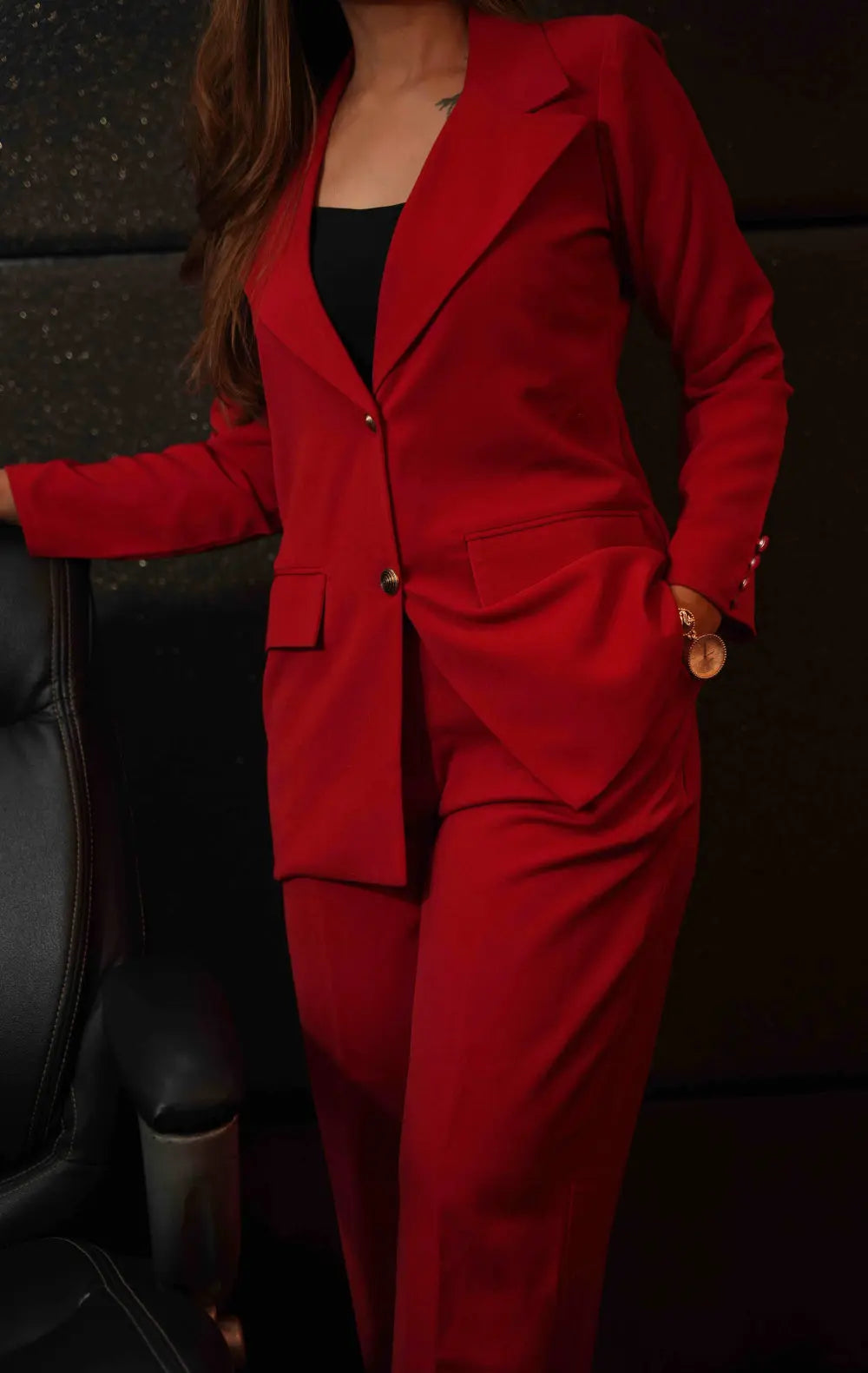 Bold red blazer suit set for corporate events.