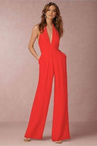 Red Wide Leg & Backless Halter Jumpsuit