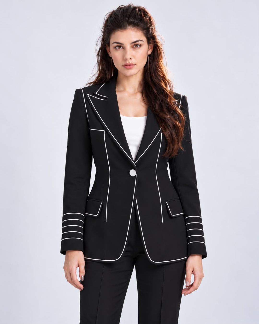 Single-breasted longline contrast-piped blazer in black