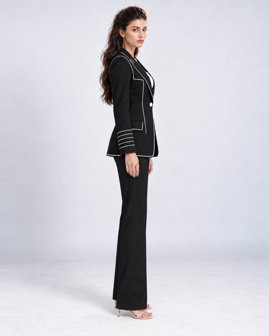 Single-breasted longline contrast-piped blazer in black, side view