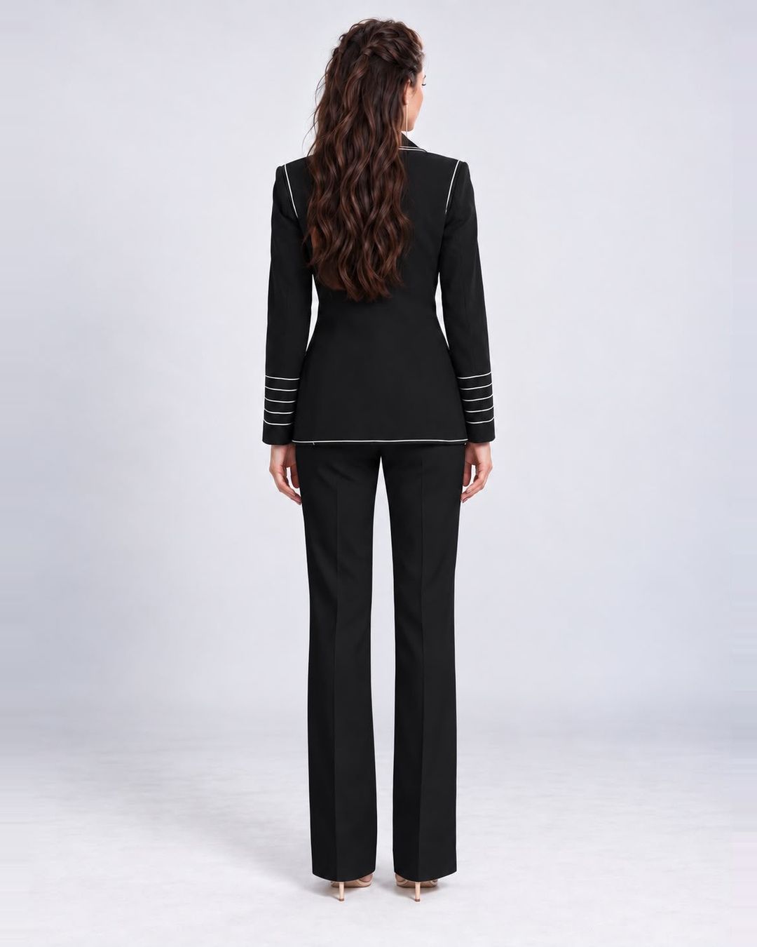 Single-breasted longline contrast-piped blazer in black, back view