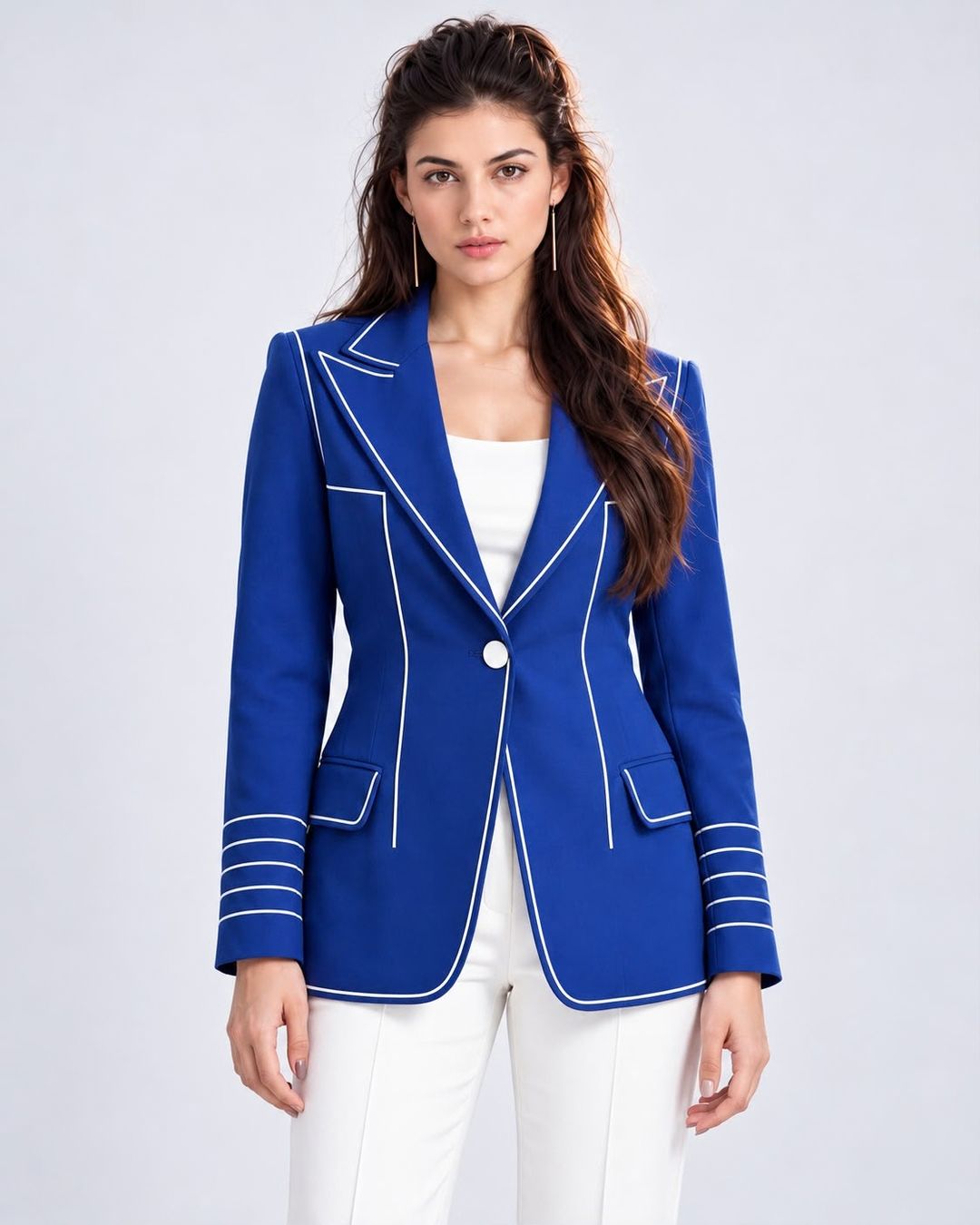 Single-breasted longline contrast-piped blazer in blue