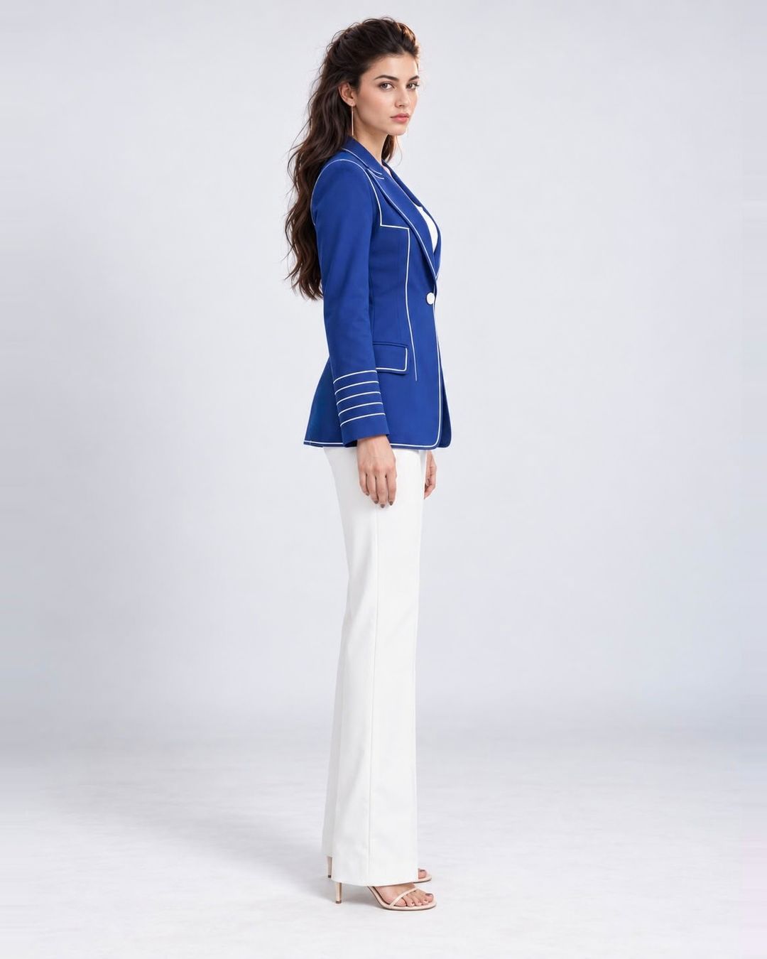 Single-breasted longline contrast-piped blazer in blue, side view