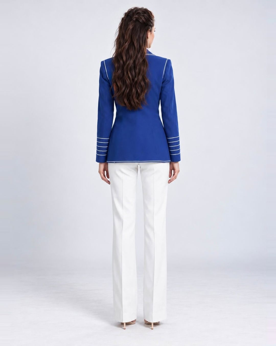 Single-breasted longline contrast-piped blazer in blue, back view