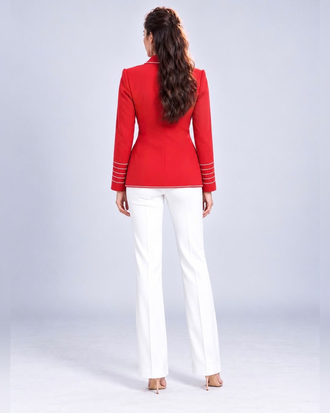 Single-breasted longline contrast-piped blazer in cherry red