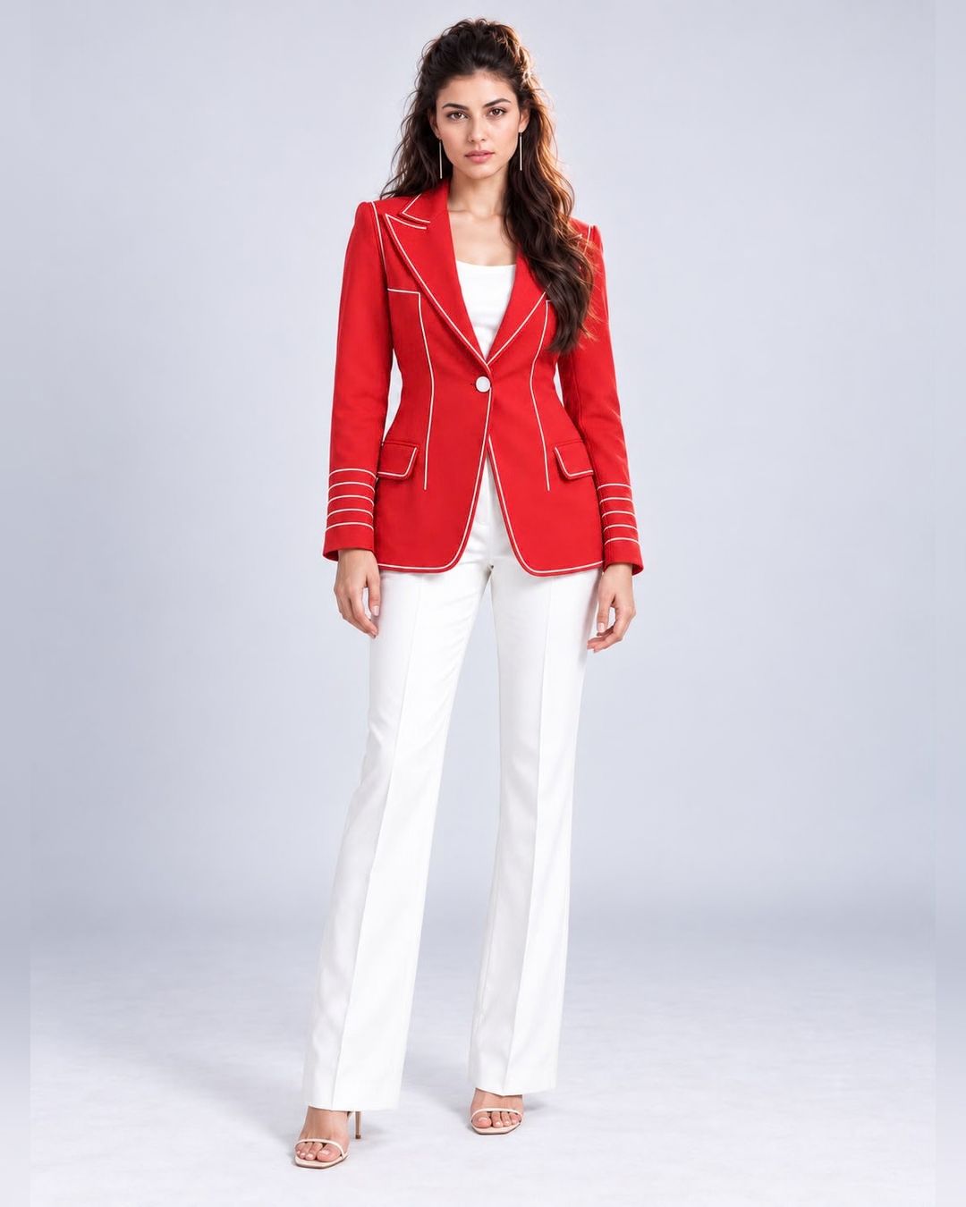 Single-breasted longline contrast-piped blazer in cherry red, back view
