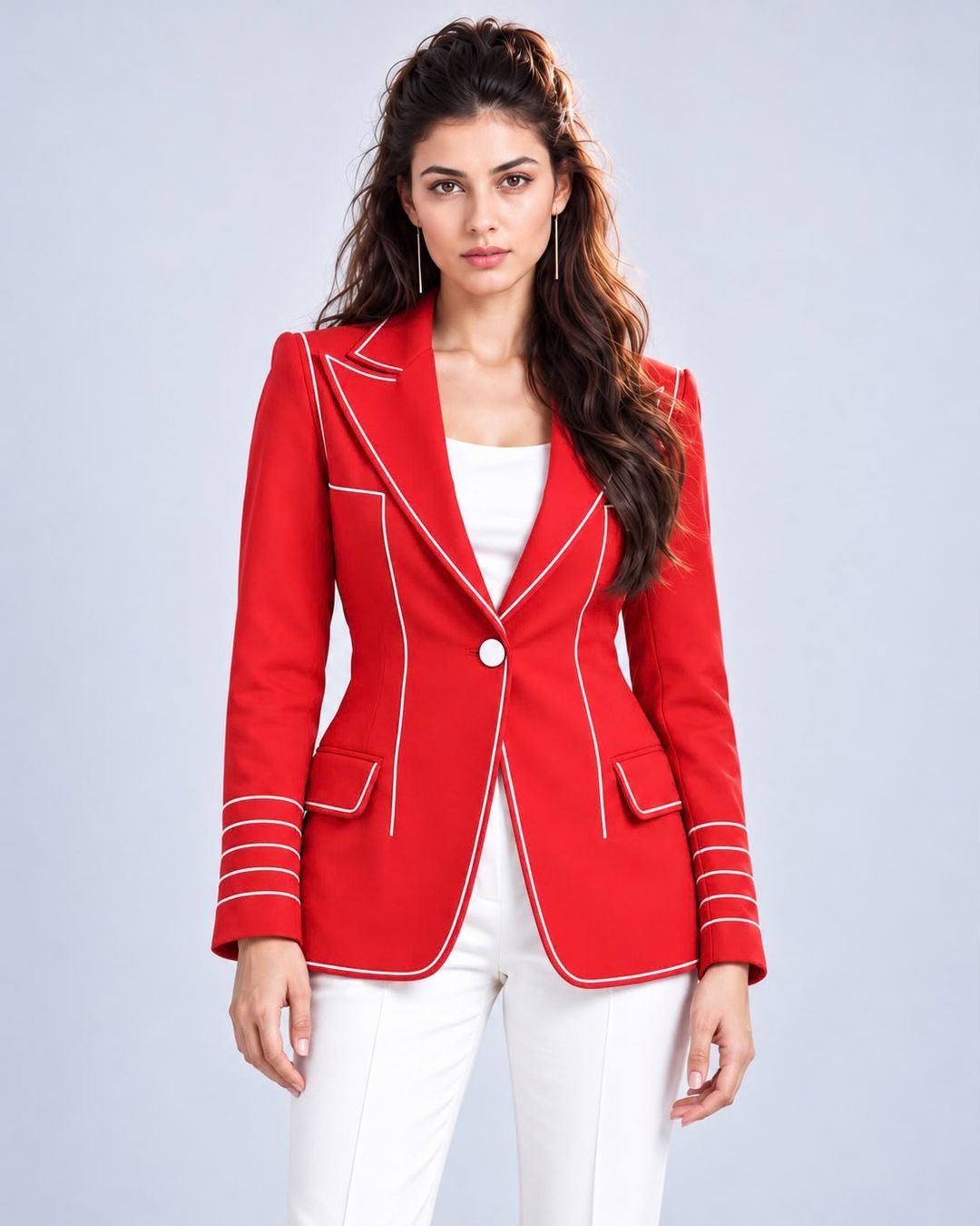 Single-breasted longline contrast-piped blazer in cherry red, detail