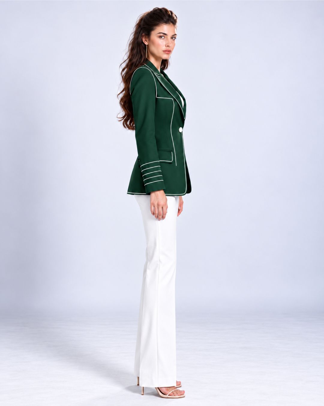 Single-breasted longline contrast-piped blazer in deep green