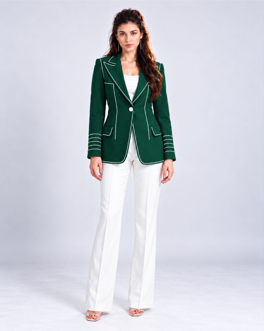 Single-breasted longline contrast-piped blazer in deep green, side view