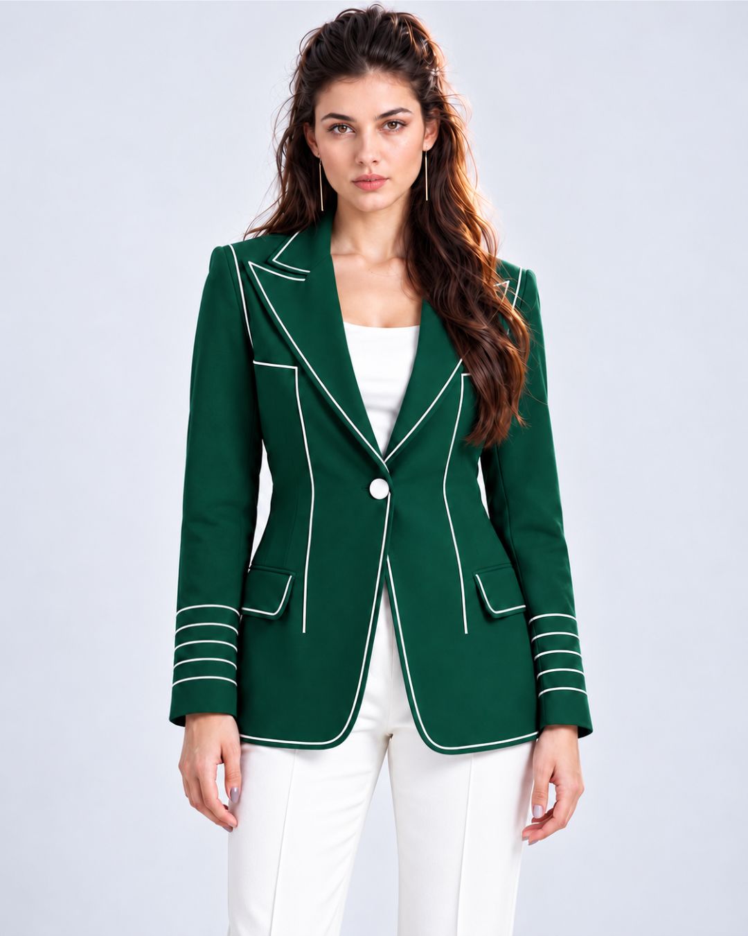 Single-breasted longline contrast-piped blazer in deep green, back view