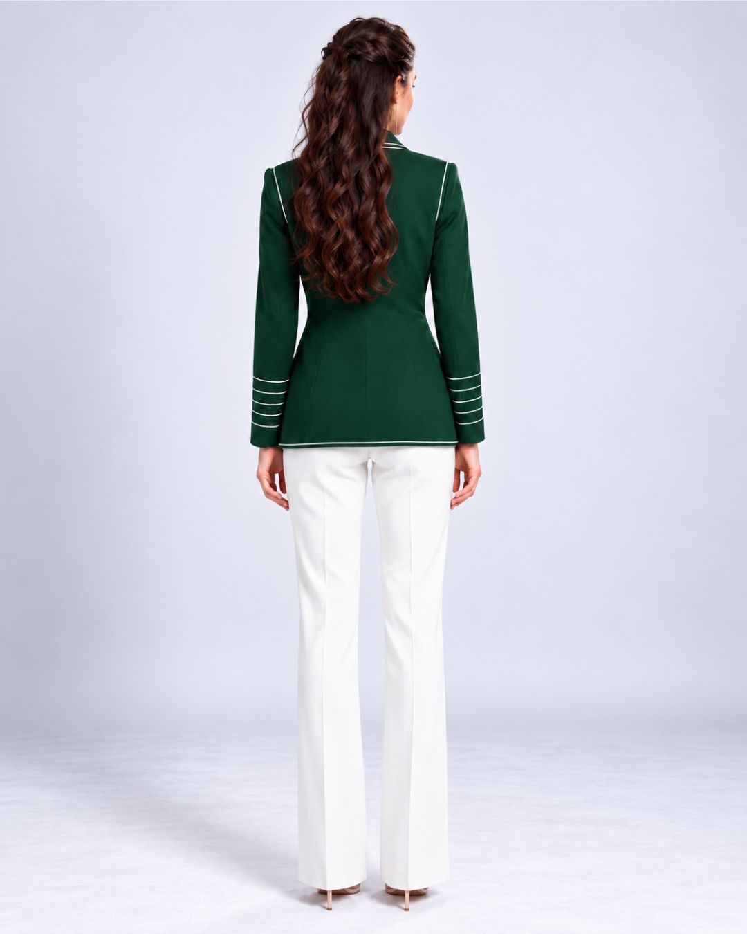 Single-breasted longline contrast-piped blazer in deep green, detail